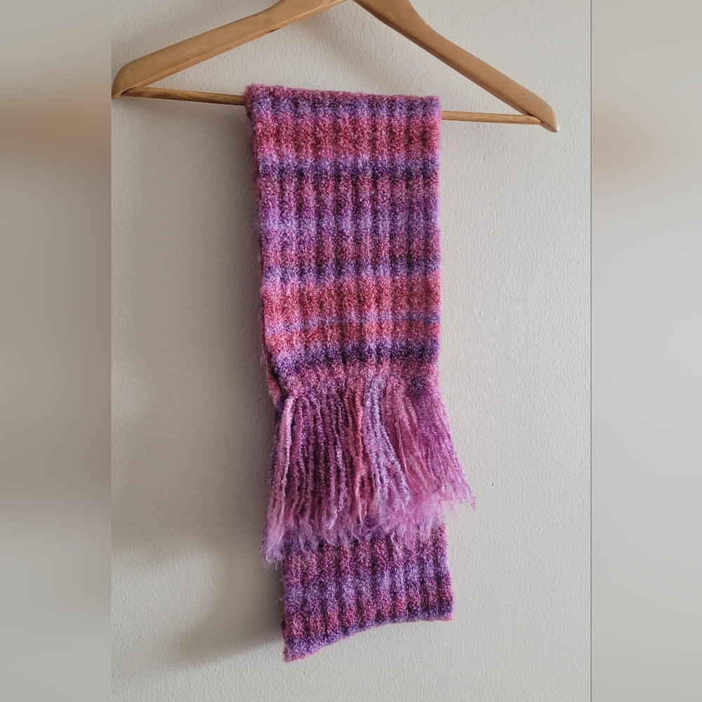Nine West soft, kinky textured tassled scarf. Pink and purple striped.